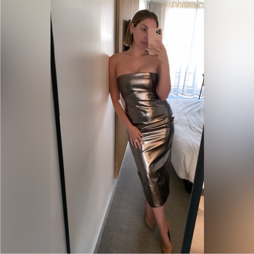 NWT 7 For All Mankind Metallic Strapless Faux Leather Midi Dress Silver Grey